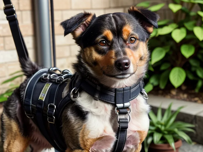 Nahaufnahme einer stabilen Metallschnalle an einem Hundegeschirr neben einer Kaffeetasse.