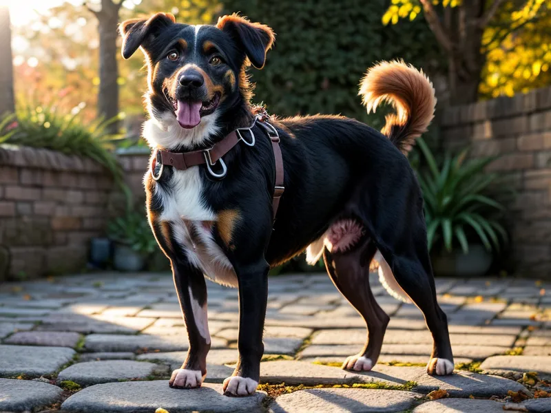 Ein Hund trägt ein Sicherheitsgeschirr mit drei Gurten für maximale Ausbruchsicherheit.