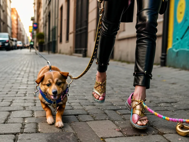 Nahaufnahme einer Hand mit Hundeklicker und Leine auf einer Berliner Straße.