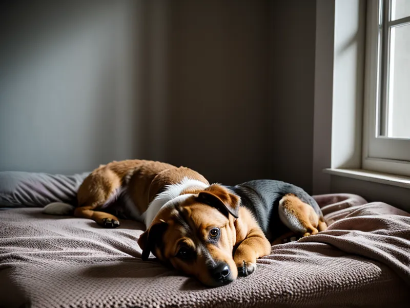 Hundekissen mit Klebebandspuren auf dem Holzboden – Alltagsdetail aus dem Training mit einer reaktiven Tierschutzhündin