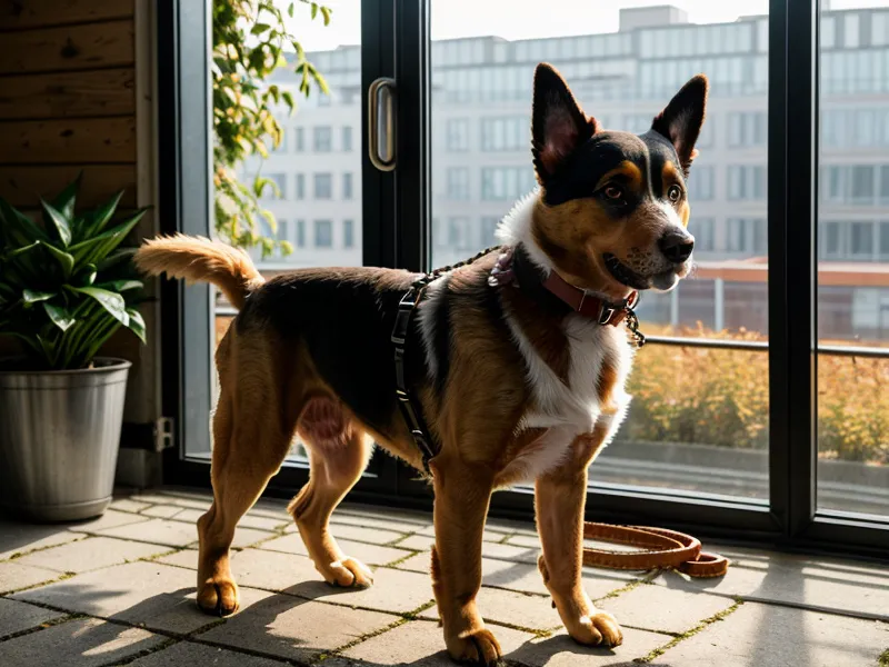 Tierschutzhund sitzt ruhig auf Berliner Gehweg – Körpersprache und Gelassenheit beim Spaziergang mit Hund