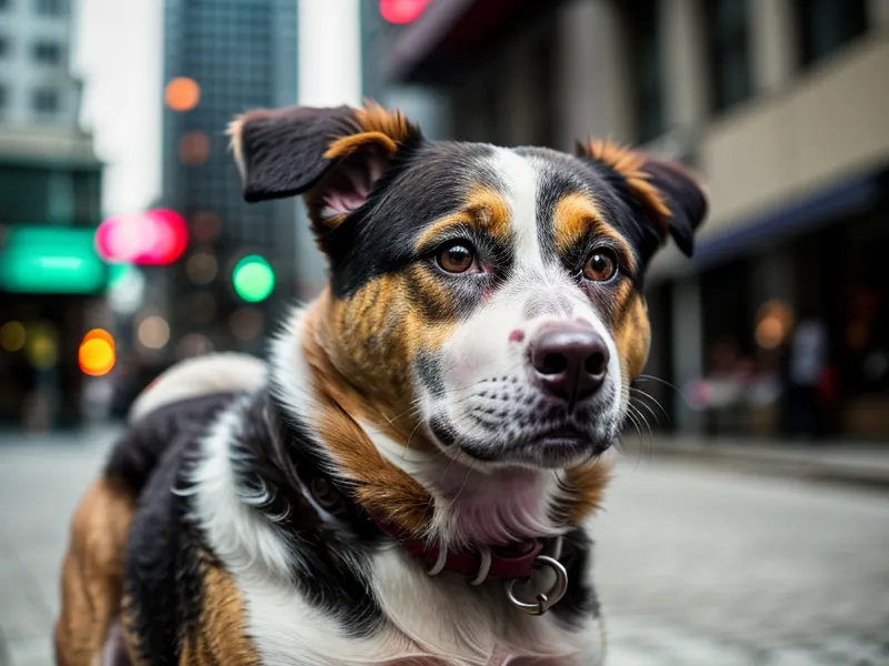 Reaktive Hunde und Orientierungsblick: Hündin Luna schaut zu ihrer Halterin auf einem Gehweg in Berlin-Kreuzberg