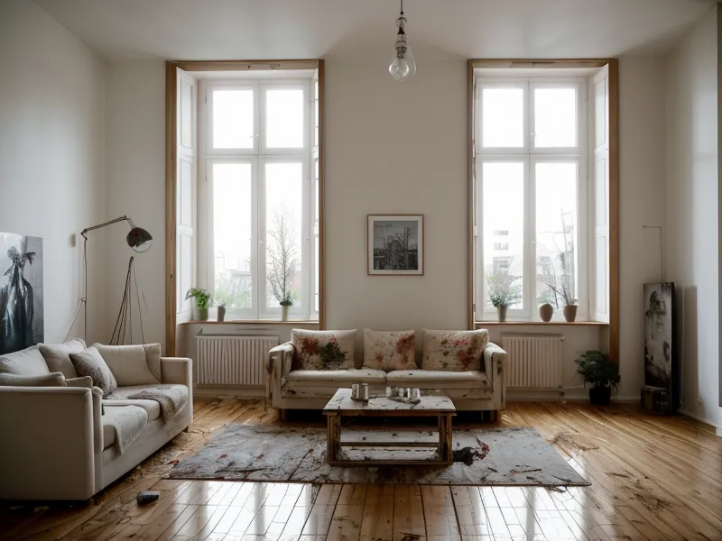 Ein schlafender Hund in einer Berliner Wohnung neben einer Wand mit Klebebandspuren.