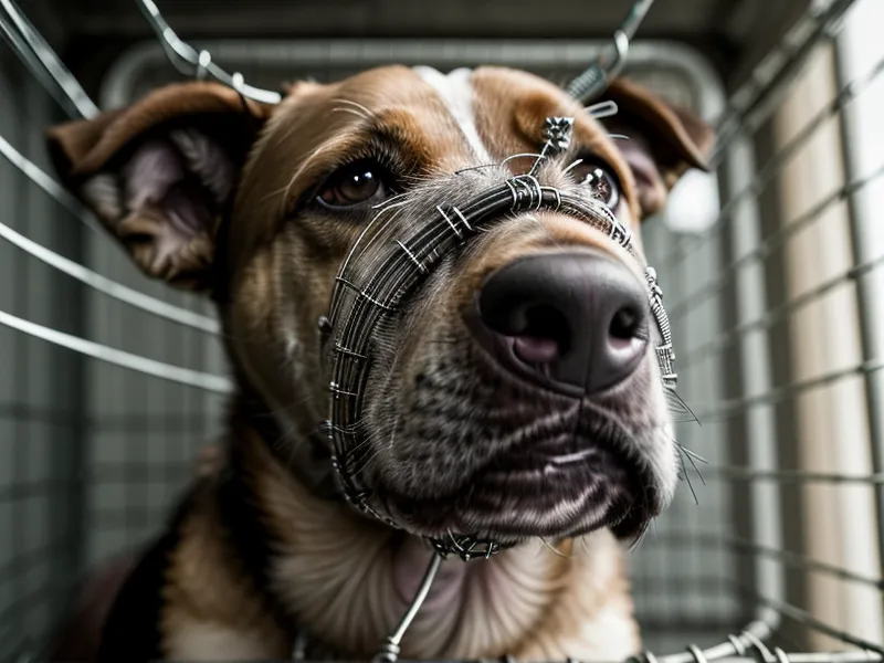 Nahaufnahme von Hund Luna, der entspannt durch seinen Maulkorb schaut.