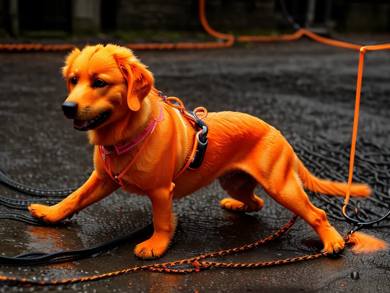 Eine verhedderte, schlammige orangefarbene Biothane-Schleppleine auf Berliner Kopfsteinpflaster.