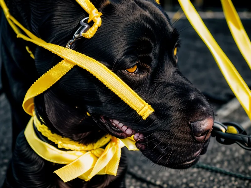 Gelbes Signalband an der Hundeleine als Abstands-Zeichen im Berliner Hundealltag