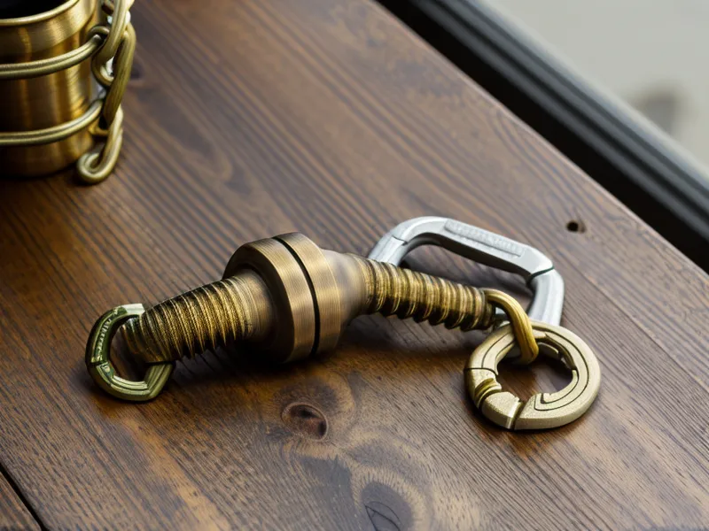 Ein massiver Messing-Karabiner an einem Hundegeschirr auf einem Schreibtisch.
